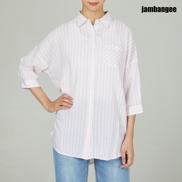 여성 스트라이프 오버핏 7부셔츠 핑크 AJ2WWH61-PK